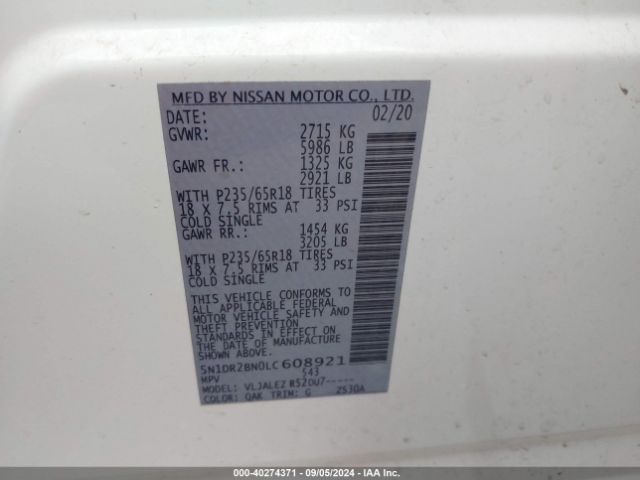 5N1DR2BN0LC608921 Nissan Pathfinder Sv 2wd