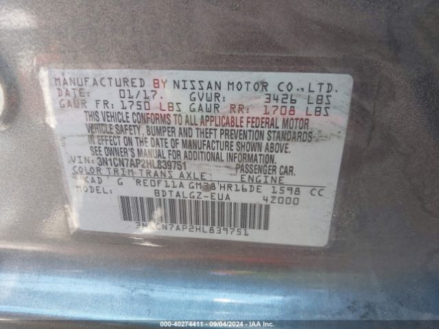 3N1CN7AP2HL839751 Nissan Versa 1.6 Sl