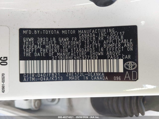 Toyota COROLLA LE 2017 2T1BURHE4HC927909 Image 9