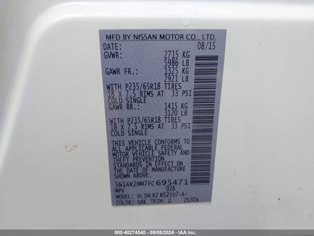 Nissan Pathfinder S 2015 5N1AR2MM7FC695471 Image 9