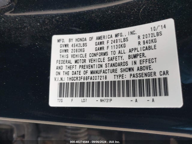 Honda Accord Ex-l V-6 2015 1HGCR3F88FA007218 Image 9
