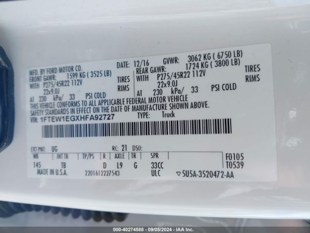 1FTEW1EGXHFA92727 Ford F-150 Limited