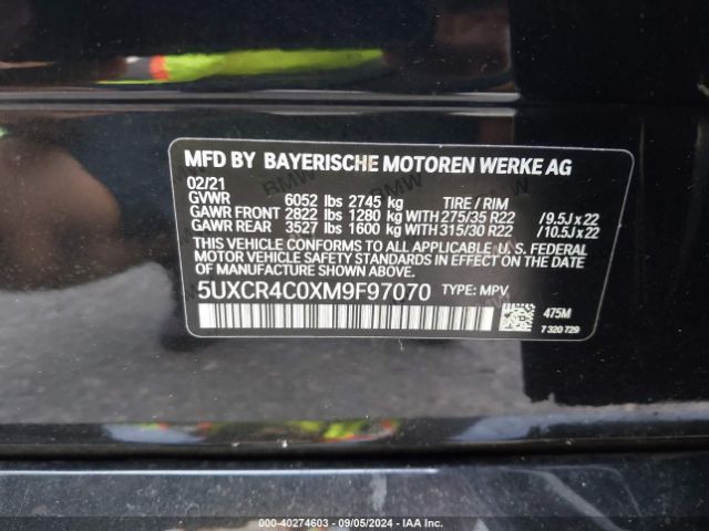 5UXCR4C0XM9F97070 BMW X5 Sdrive40i
