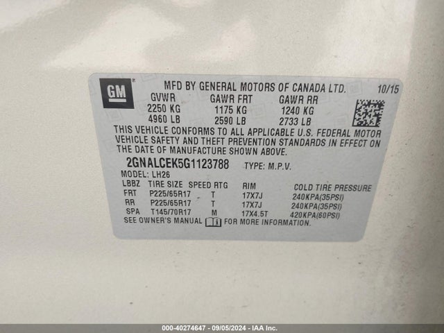Chevrolet EQUINOX LT 2016 2GNALCEK5G1123788 Image 9