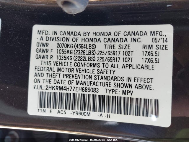 Honda Cr-v Ex-l 2014 2HKRM4H77EH686083 Image 9