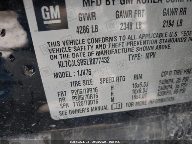 Chevrolet Trax Fwd Lt 2020 KL7CJLSB5LB077432 Image 9