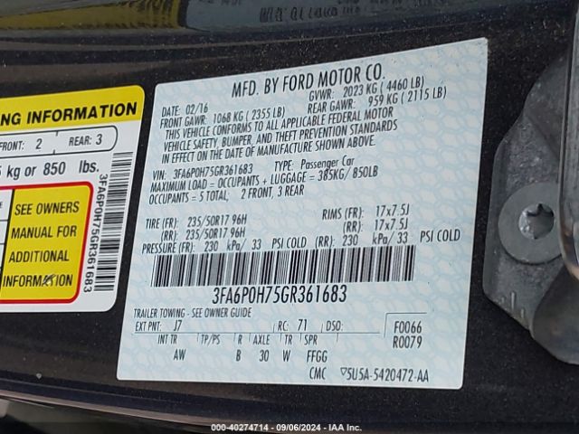 3FA6P0H75GR361683 Ford FUSION SE
