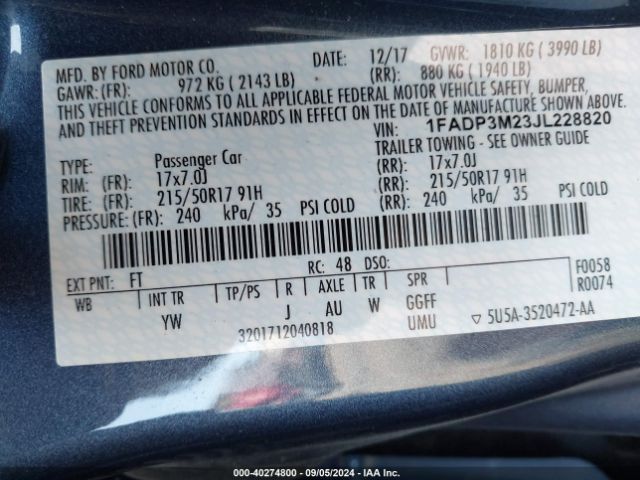 1FADP3M23JL228820 Ford FOCUS SEL