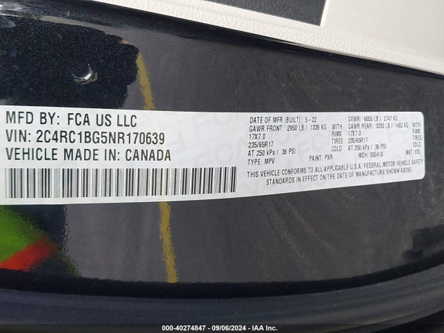 2C4RC1BG5NR170639 Chrysler Pacifica Touring L