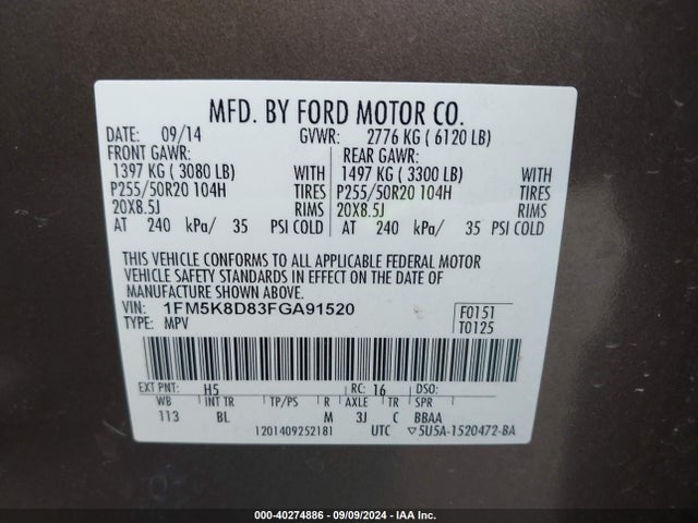Ford EXPLORER XLT 2015 1FM5K8D83FGA91520 Image 9