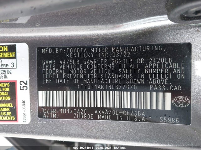 Toyota CAMRY SE 2022 4T1G11AK1NU677670 Image 9