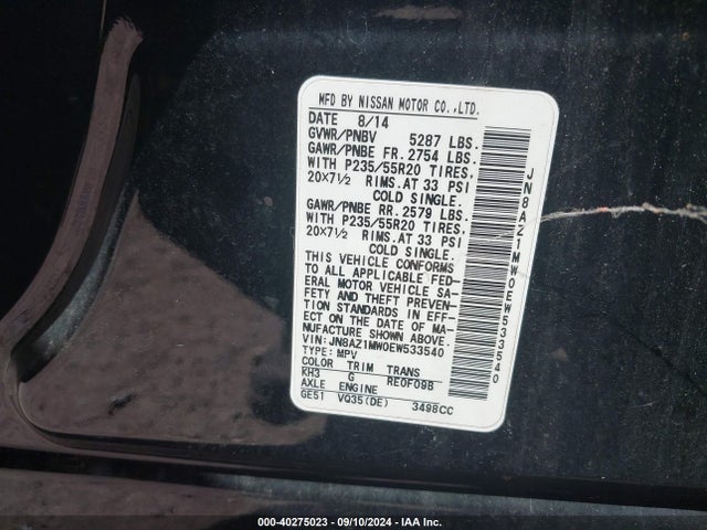 Nissan Murano Le 2014 JN8AZ1MW0EW533540 Image 9