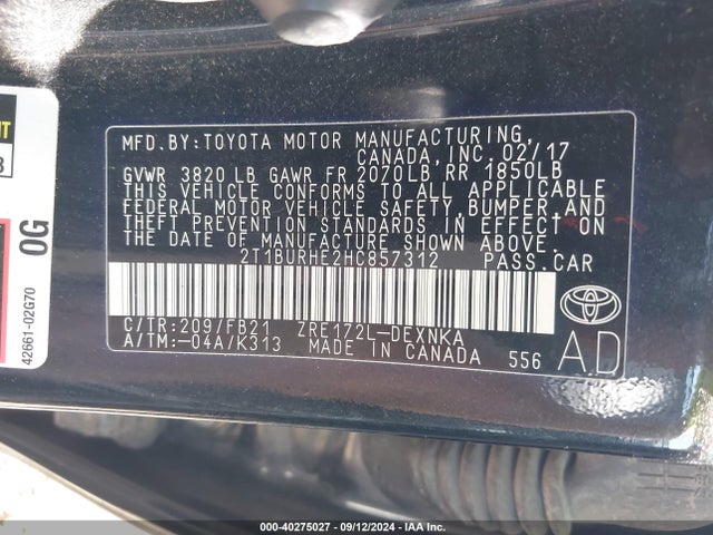 Toyota COROLLA LE 2017 2T1BURHE2HC857312 Image 9