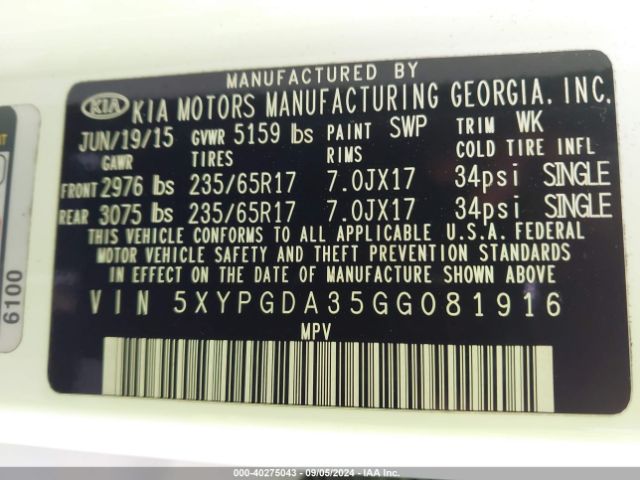 5XYPGDA35GG081916 KIA Sorento 2.4l Lx