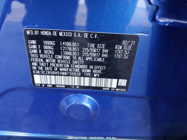 3CZRU6H54MM730926 Honda Hr-v Awd Ex