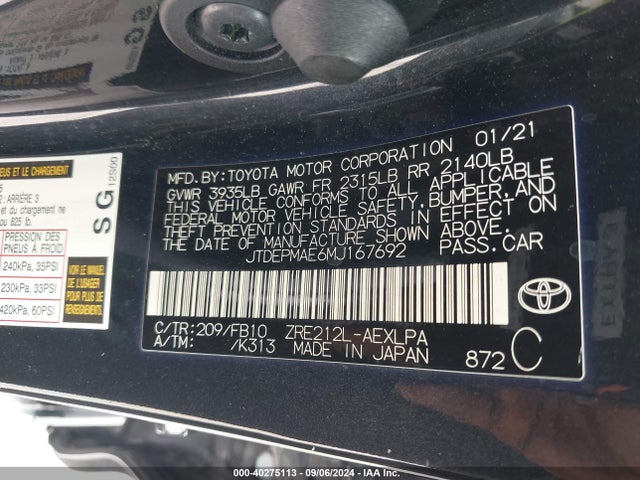 Toyota COROLLA LE 2021 JTDEPMAE6MJ167692 Image 9