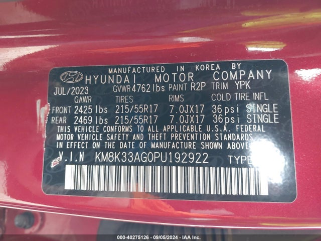 KM8K33AG0PU192922 Hyundai Kona Electric Sel