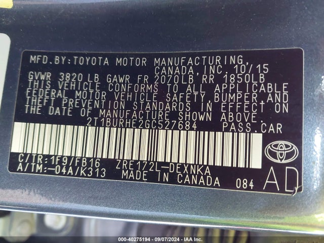 Toyota COROLLA LE 2016 2T1BURHE2GC527684 Image 9
