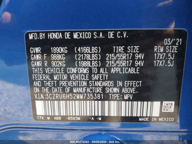 3CZRU6H52MM735381 Honda Hr-v Awd Ex