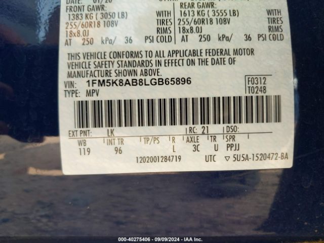 1FM5K8AB8LGB65896 Ford Police Interceptor Utility