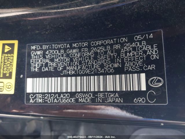JTHBK1GG9E2134706 Lexus ES 350