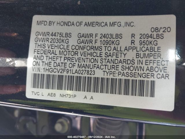 1HGCV2F91LA027823 Honda Accord Touring