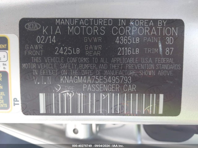 KIA Optima Lx 2014 KNAGM4A75E5495793 Image 9