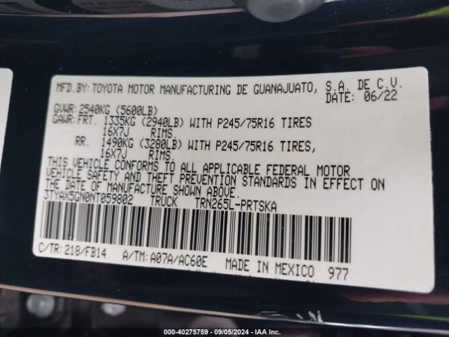 3TYAX5GN0NT059802 Toyota Tacoma Sr