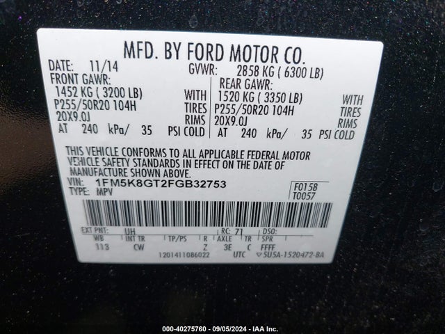Ford EXPLORER SPORT 2015 1FM5K8GT2FGB32753 Image 9