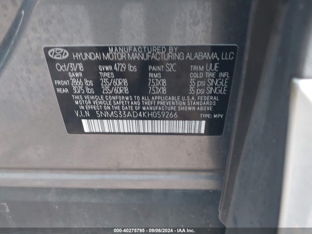 5NMS33AD4KH059266 Hyundai Santa Fe Sel Plus