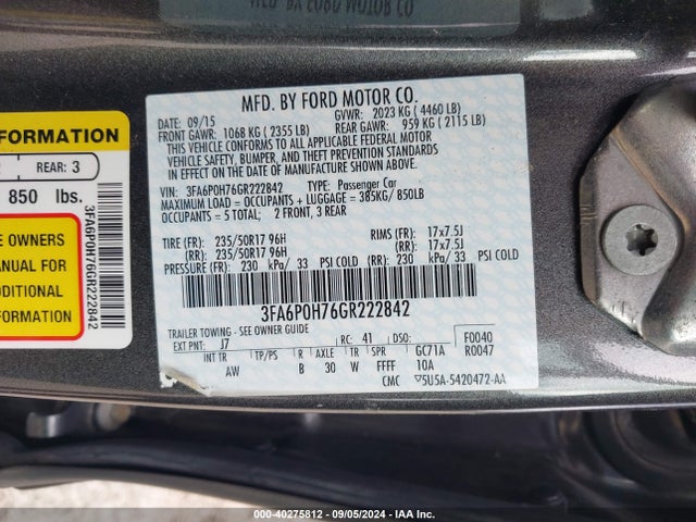 Ford FUSION SE 2016 3FA6P0H76GR222842 Image 9