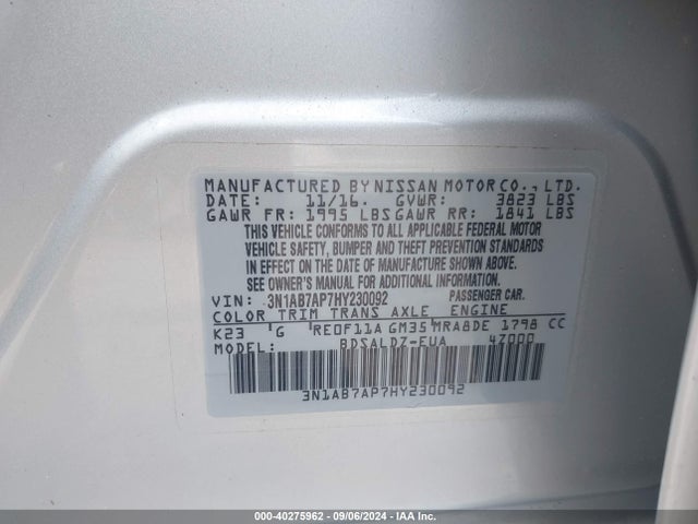 Nissan SENTRA SV 2017 3N1AB7AP7HY230092 Image 9