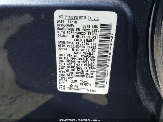 40276033 :رقم المزاد ، JN8AS1MW9BM142186 vin ، 2011 Infiniti Fx35 مزاد بيع