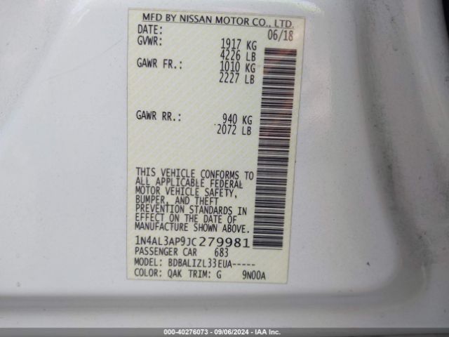 1N4AL3AP9JC279981 Nissan Altima 2.5 Sv