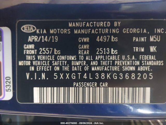 5XXGT4L38KG368205 KIA Optima S