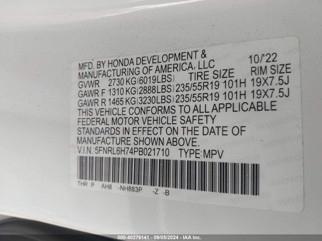 5FNRL6H74PB021710 Honda Odyssey Sport