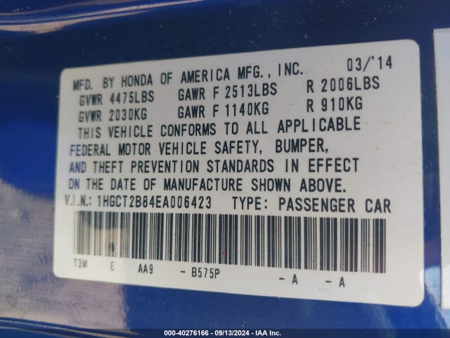 Honda Accord Ex-l V-6 2014 1HGCT2B84EA006423 Image 9