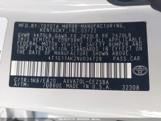 Toyota CAMRY SE 2022 4T1G11AK2NU034728 Image 9
