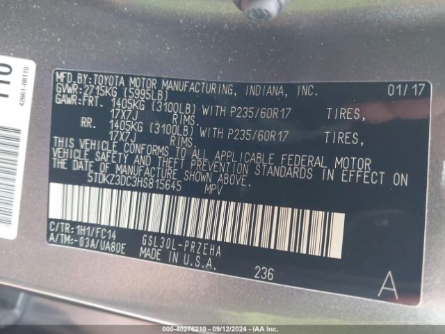 5TDKZ3DC3HS815645 Toyota Sienna Le 8 Passenger