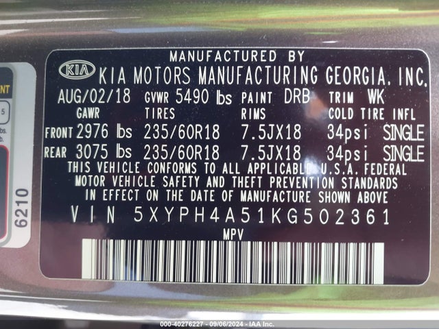 KIA Sorento 3.3l Ex 2019 5XYPH4A51KG502361 Image 9
