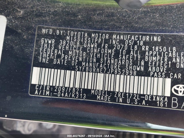 Toyota COROLLA LE 2018 5YFBURHE7JP852998 Image 9