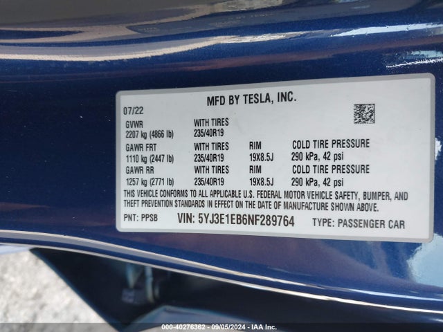 2022 TESLA MODEL 3 5YJ3E1EB6NF289764 Photo 8