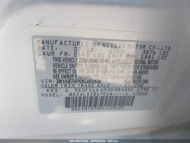 3N1AB7AP0KL602635 Nissan SENTRA SV