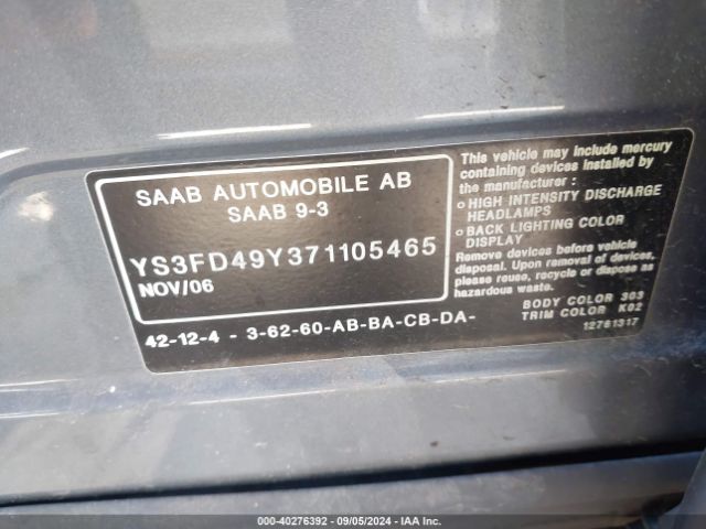 2007 SAAB 9-3 YS3FD49Y371105465 Photo 8