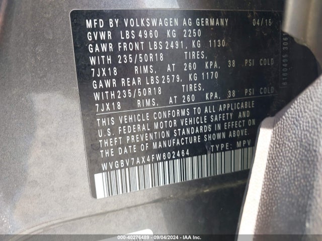 WVGBV7AX4FW602464 Volkswagen Tiguan Sel