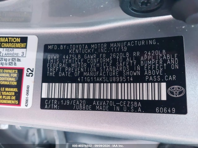 Toyota CAMRY SE 2020 4T1G11AK5LU899514 Image 9
