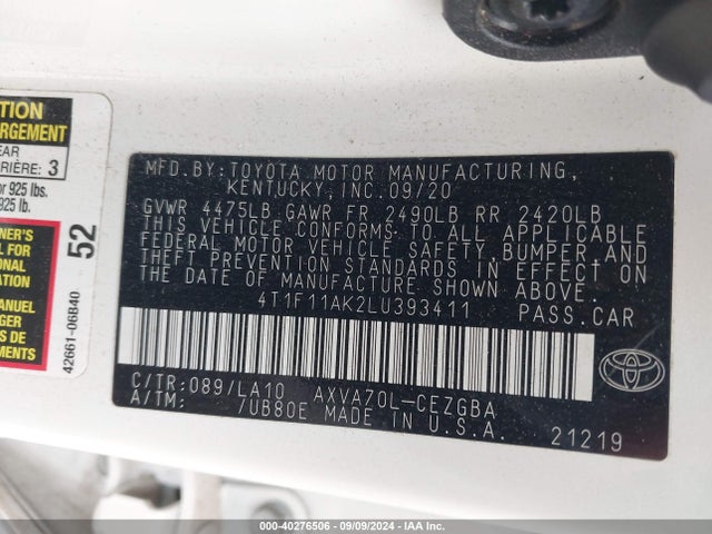 Toyota CAMRY XLE 2020 4T1F11AK2LU393411 Image 9