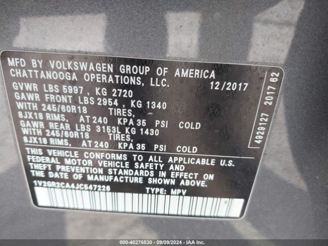 1V2GR2CA4JC547226 Volkswagen Atlas 3.6l V6 S