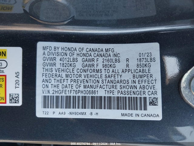 Honda Civic Ex /ex W/o Bsi 2023 2HGFE1F76PH306861 Image 9