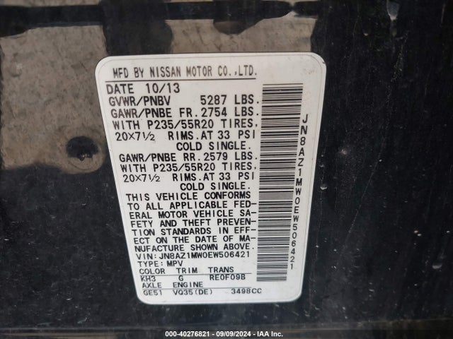 Nissan Murano Le 2014 JN8AZ1MW0EW506421 Image 9